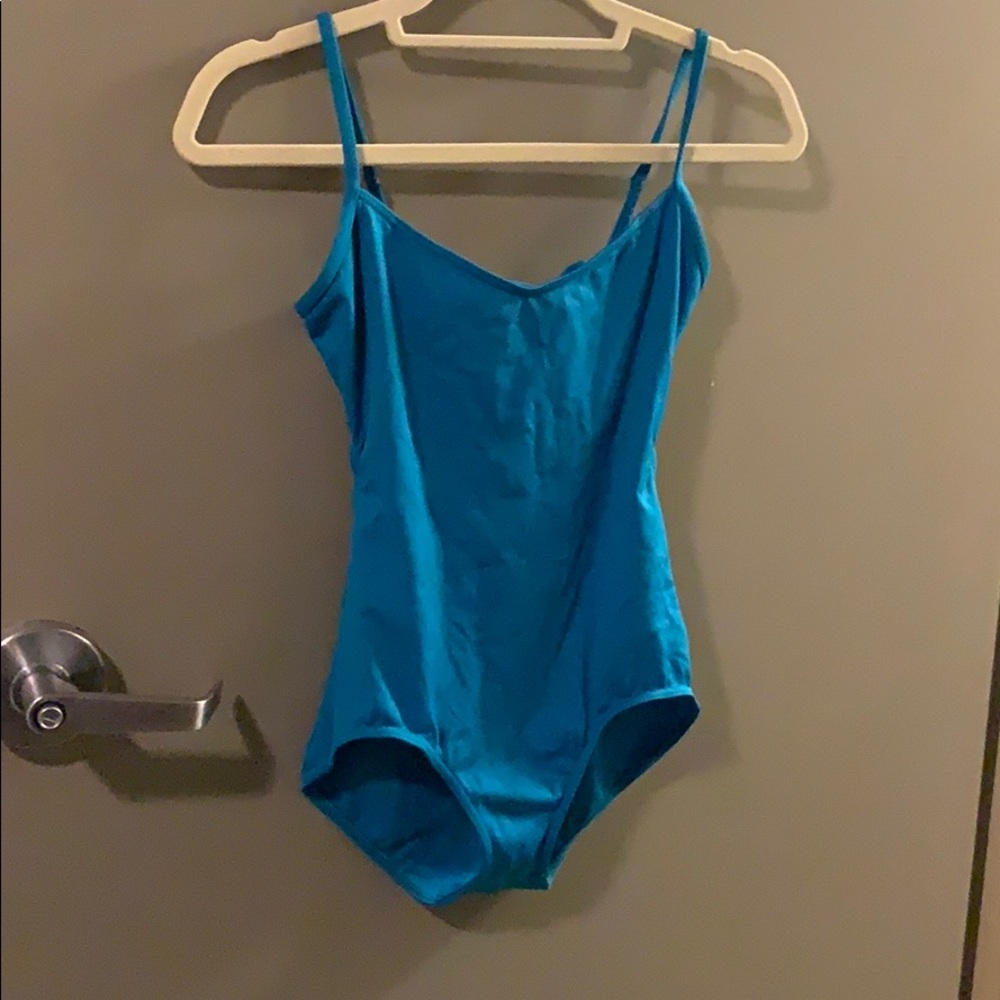 Blue strappy leotard